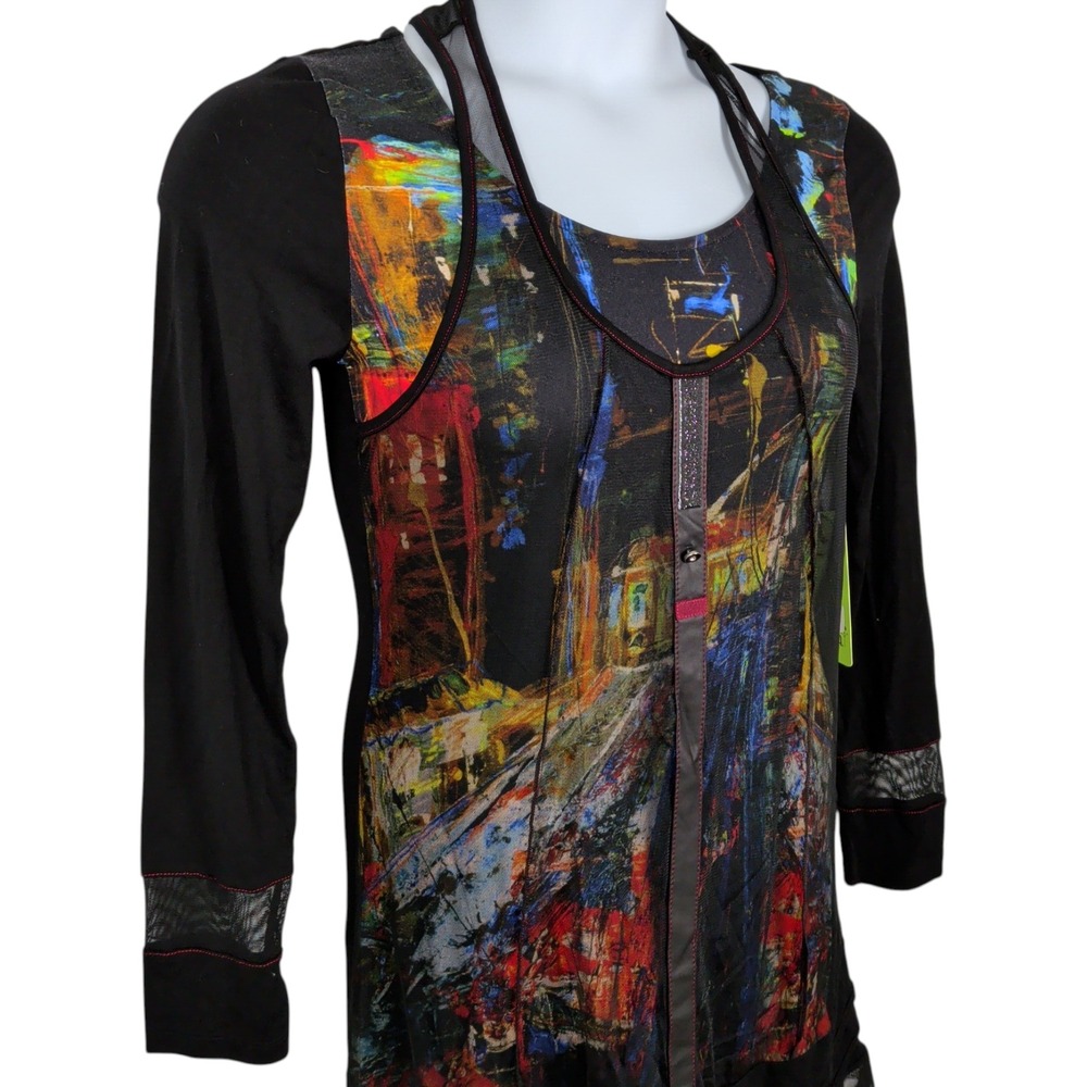 Abstract Art Mesh Overlay Midi Dress Long Sleeve Edgy Size XS Black Sheer